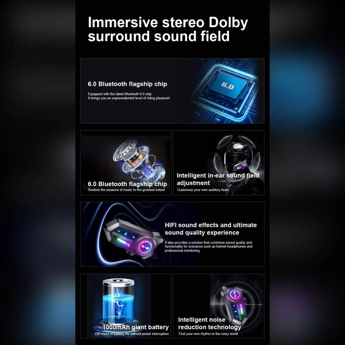 INF Écouteur Bluetooth pour casque moto étanche IP67 avec réduction de bruit PurePure, micro 2-en-1, Bluetooth 6.0 et LEDs RGB