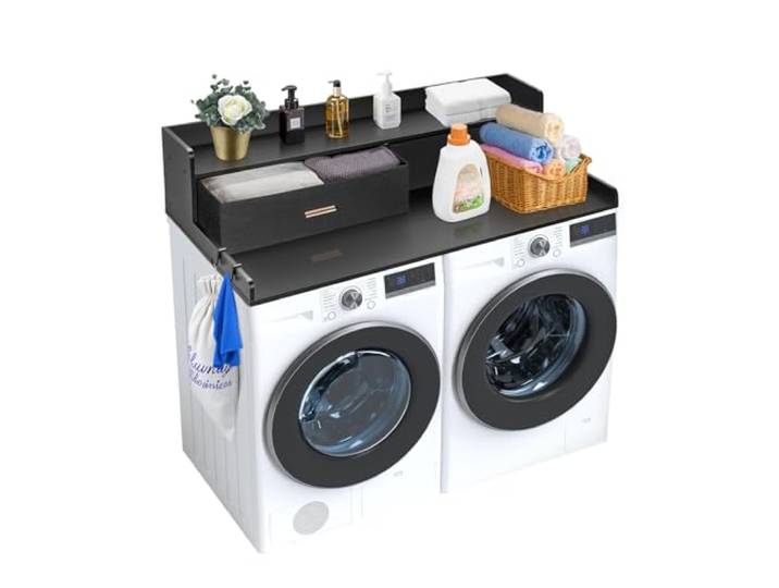 VEVOR Comptoir pour Lave-Linge et sèche-Linge à 2 tiroirs avec étagère à 2 Niveaux\, Surface de comptoir en Bois\, avec Coussinets antidérapants\, pour Organisation et Rangement de la buanderie\, Noir