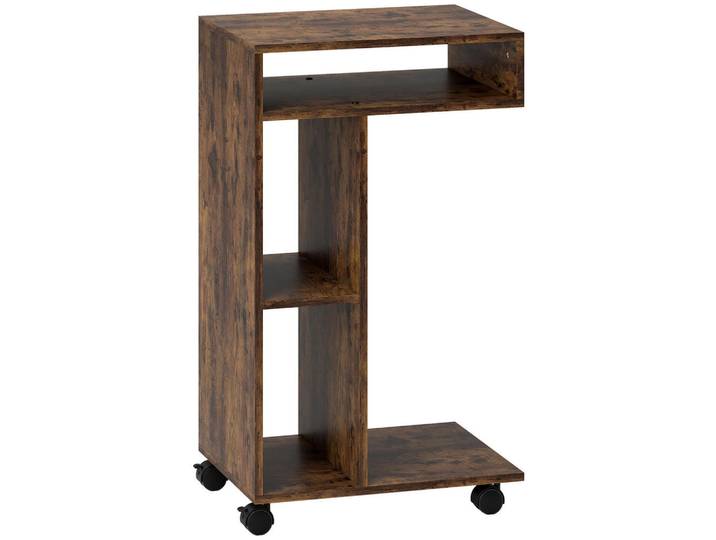 Homcom Beistelltisch Couchtisch mit Rollen, 4 Regalen, Braun, Holzwerkstoff, C-Form, 30x69x40 cm, Wohnzimmer, Wohnzimmertische, Beistelltisch