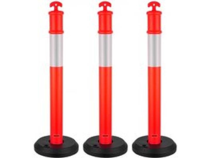 VEVOR Verkehrsleitpfosten Leitpfosten 3 Stk. (114 cm) mit befüllbarem Sockel & Reflektorstreifen, Warnpfosten für Baustellen, Parkplätze, Absperrpfosten zur Steuerung von Menschenmengen, rot