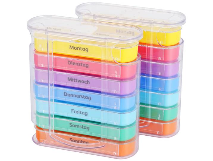 2er-Set bunte Medikamenten-Boxen für 7 Tage, je 4 Tabletten-Fächer, beschriftet