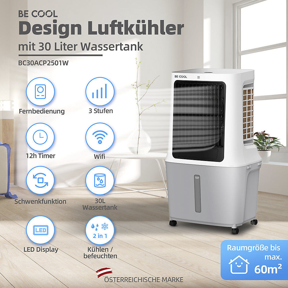 kaiserkraft Premium Luftkühler, 30 l, mit Wifi, weiß/grau