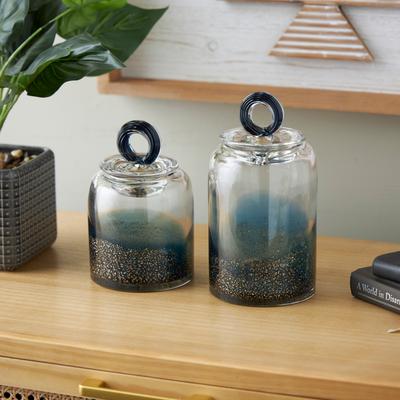 ARCILLA ELEMENTAL Brown or Blue Glass Handmade Decorative Jars with Gold Flake Details and Ring Lids (Set of 2)