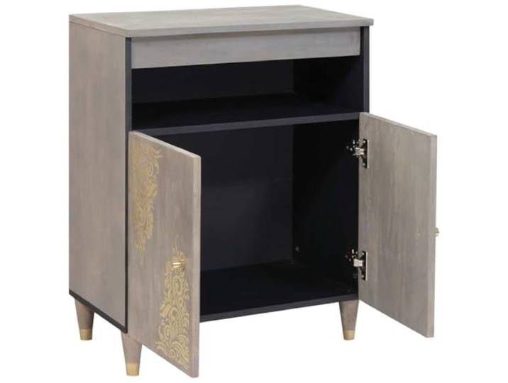 Sideboard Grau 60 x 33 x 75 cm Massivholz Mango Rechteckiges Design, Messing-Akzente, goldener Siebdruck, Türen mit Scharnieren, pflegeleicht