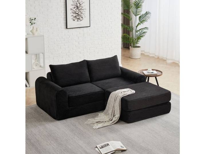 VUENOR Canapé convertible modulable 2 places noir en tissu corduroy avec pouf amovible