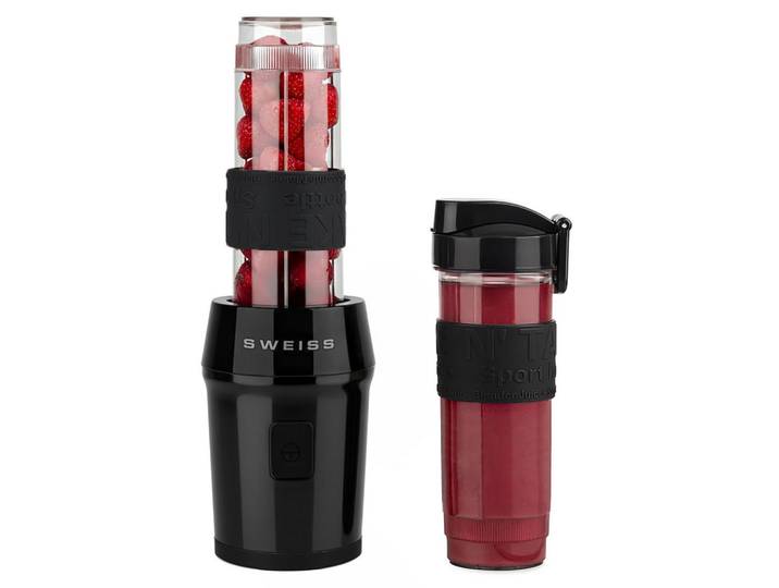 Sweiss Smoothie-Maker Moov9 Schwarz, 2 Trinkflaschen à 570 ml mit Reisedeckeln, 4 Edelstahlklingen, 300 W, Metall, 11.3x35x15 cm, Kochgeschirr, Küchengeräte, Mixer