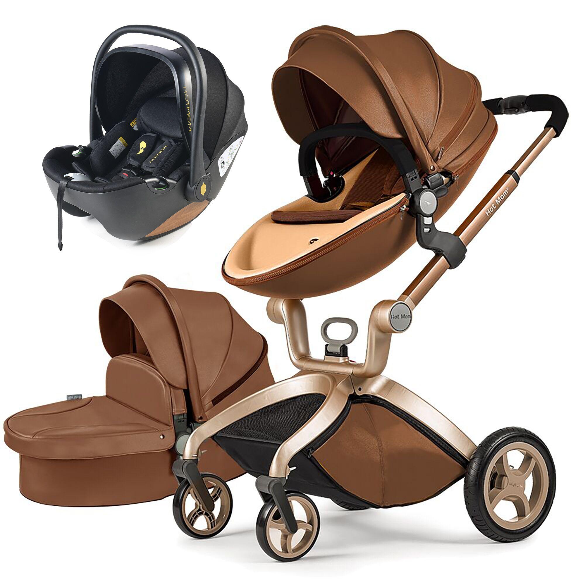 Hot Mom Kinderwagen Klassik Kombikinderwagen 3in1 Riesenset in Coffee 3in1, Alu-Rahmen/Gummireifen/Regenschutz/mega Zubehör, F22-2025 Style