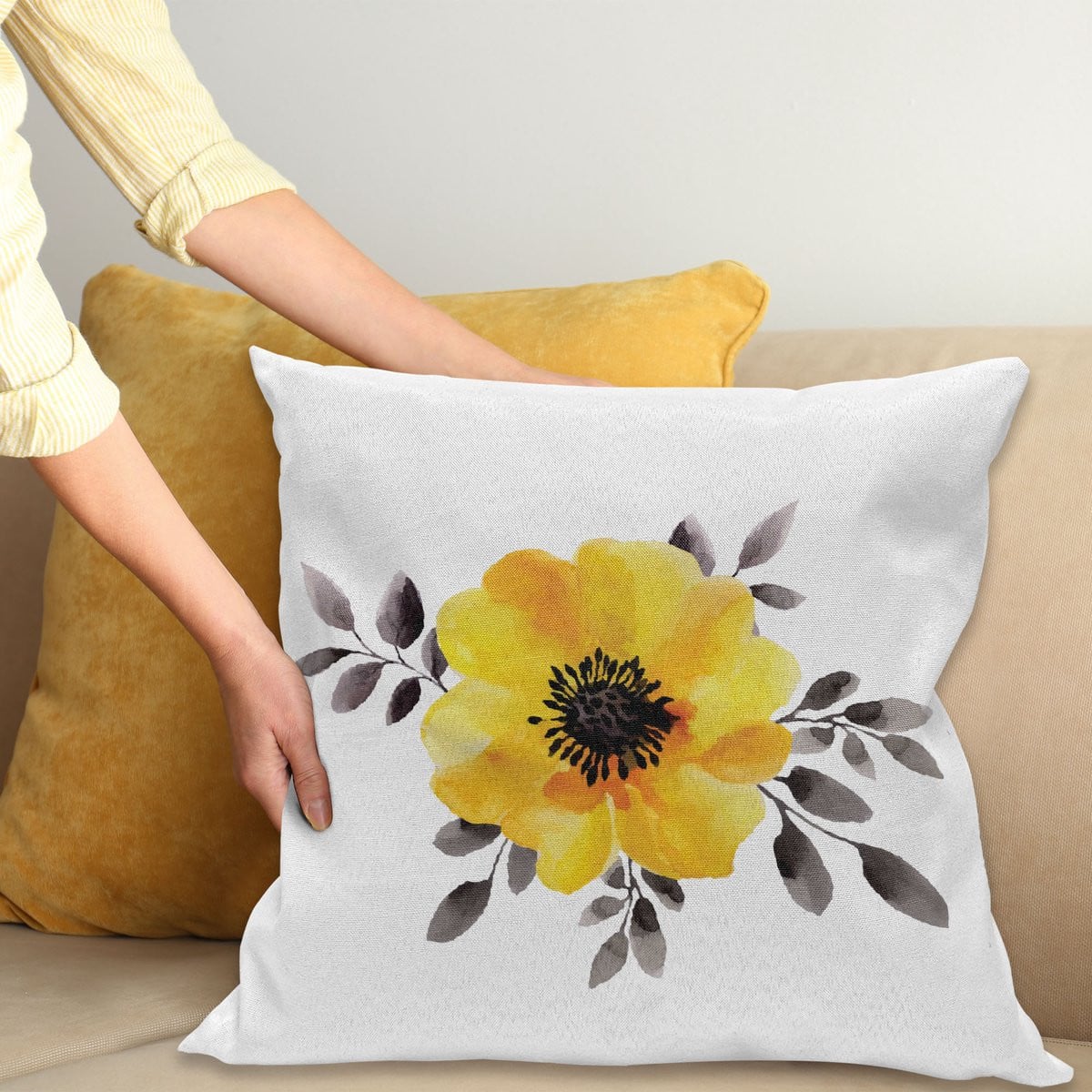 ABAKUHAUS Sierkussenhoes met Abstract Bloemmotief, Geel Grijs, 45 x 45 cm
