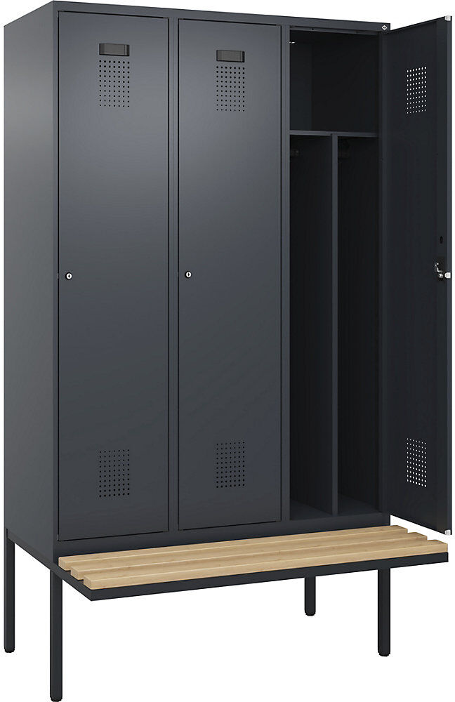 kaiserkraft Schwarz-Weiß-Spind Evolo PLUS Sitzbank, schmal, 3 Abteile, verkürzte Trennwand mittig, grau, B 1200 mm, Zylinderschloss, mit auskragender Sitzbank,