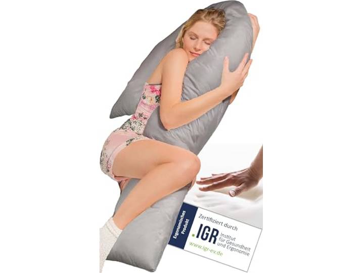 Traumreiter Seitenschläferkissen Visco J Form Wendekissen mit Memory Foam Stütze [orthopädisch] Schwangerschaftskissen zum Schlafen, Stillkissen XXL Kissen, Komfortkissen mit Bezug Grau
