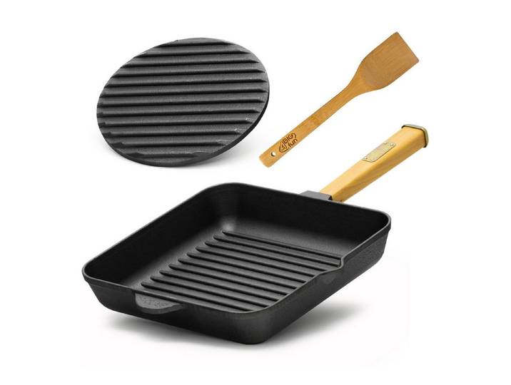 4BIG.fun Fleischklopfer 28cm Gusseisen Grillpfanne Holzgriff Pressdeckel, abschraubbarer Griff, Induktion