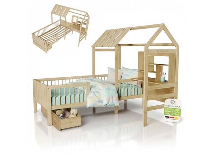 Juskys Kinderbett Yari 90x200 cm - Einzelbett mit Schreibtisch & Schublade, Kiefernholz & Langlebige Materialien, Verspieltes Haus-Design - Natur