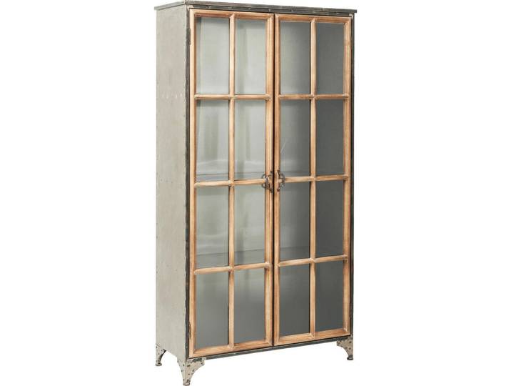Kare-Design Vitrine, Grau, Natur, Hellbraun, Holz, Metall, Glas, Pappel, massiv, 3 Fächer, 97x187x39 cm, stehend, Wohnzimmer, Wohnwände, Vitrinenschränke
