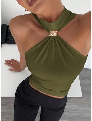 Daily Discovery Metal Ring Halter Neck Crop Top For Women Twist Knot Slim Fit Crop Top Sleeveless Office & Casual Tank army Green s