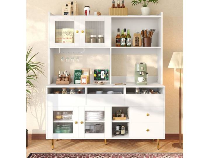 Buffet Salon VIVRYN - Vitré en verre strié range-bouteilles MDF 145 x 39 x 171 cm blanc