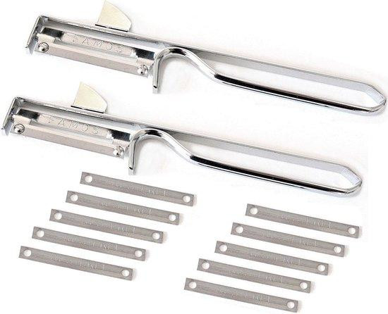 Unyqoos Famos Groenteschiller set met 2 schilmachines en 10 reservemessen voor aardappelen en fruit, roestvrij staal