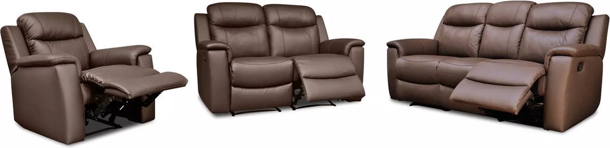 Vente-unique Evasion lederen zithoekset bestaande uit driezitsbank, tweezits relaxbank en relaxfauteuil in het bruin
