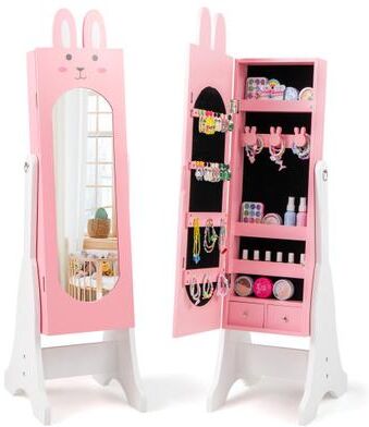 Costway Kids Jewelry Armoire Cabinet with 2 Tilt Angles and Large Capacity-Pink