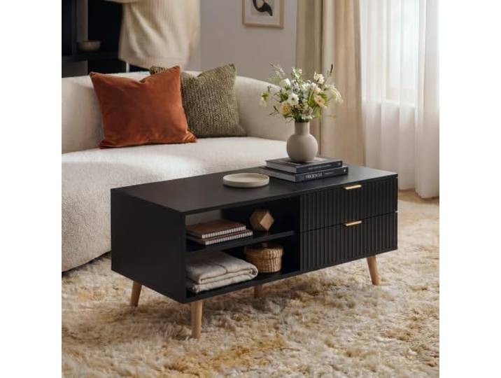 [en.casa] Couchtisch mit Stauraum Nand 2 Schubladen 100x50x45cm Schwarz Wohnzimmertisch, Sofatisch, offene Fächer, Holzbeine, geriffelte Optik, rechteckig