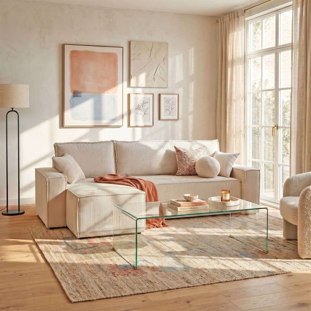 Weber industries Canapé d'angle convertible en velours côtelé beige Beige 248x87x144cm