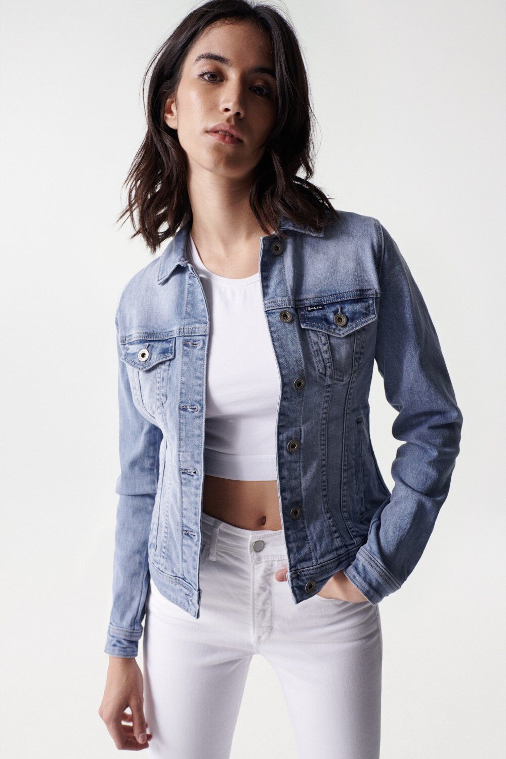 Jeansjacke SALSA "Salsa Jeans Jeansjacken Denim Trucker Jacket", Damen, Gr. XS, blau, Obermaterial: 78% Baumwolle CO. 21% Polyester PES. 1% Elasthan EL., Jacken Jeansjacke blau XS