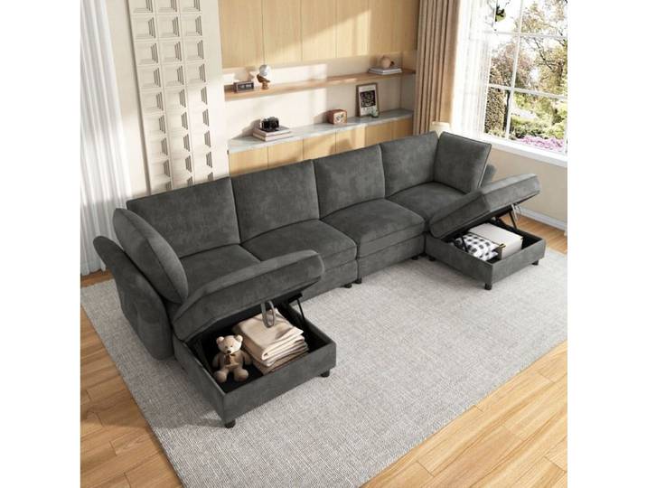 Canape D Angle Modulable 6/7 Places Gris Canape En U En L FloraGrace Pour Salon Et Sejour Avec 2 Poufs De Rangement 289x137x84cm