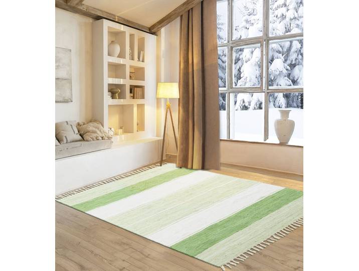 Teppich GOODPRODUCT Alizee , grün, B:160cm H:5mm L:230cm, Baumwolle, Teppiche, Teppich, Wendeteppich, reine Baumwolle, handgewebt, gestreift, mit Fransen