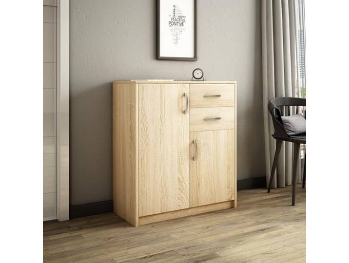 Home Collective Kommode mit 2 Schubladen und 2 Türen in Matter Ausführung Kommode 74cm breit mit hochwertigen Polymergriffen Holz Schrank mit Schubladen Aus laminierter Platte gefertigt Sonoma