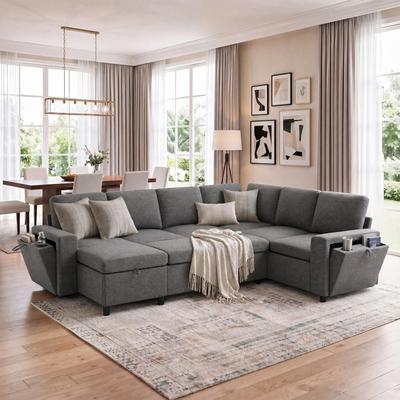Loedds 111.02-Inch 7-Seat Chenille U-Shaped Sectional Sofa with Storage & USB Charging