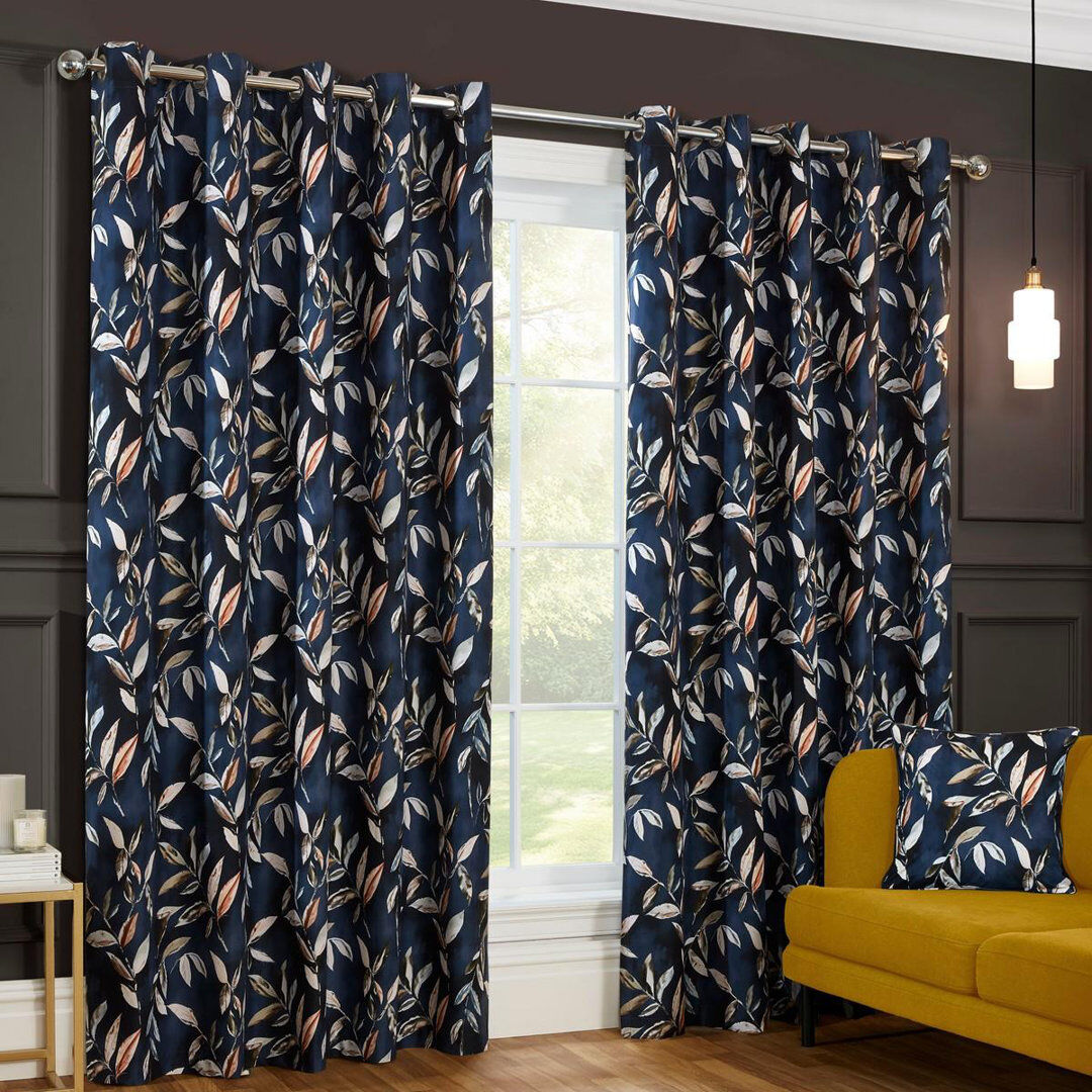 Lark Manor Madrid Blackout Ready Made Leaves Eyelet Curtains Blue 117cm Width x 183cm Drop