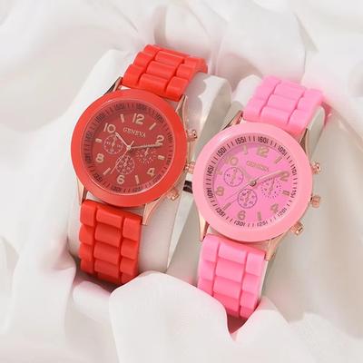 Combo Retail Shop Elegant Fashion Watch Set For Women, Luxury Alloy Silicone Strap Quartz Men Watches pink Red