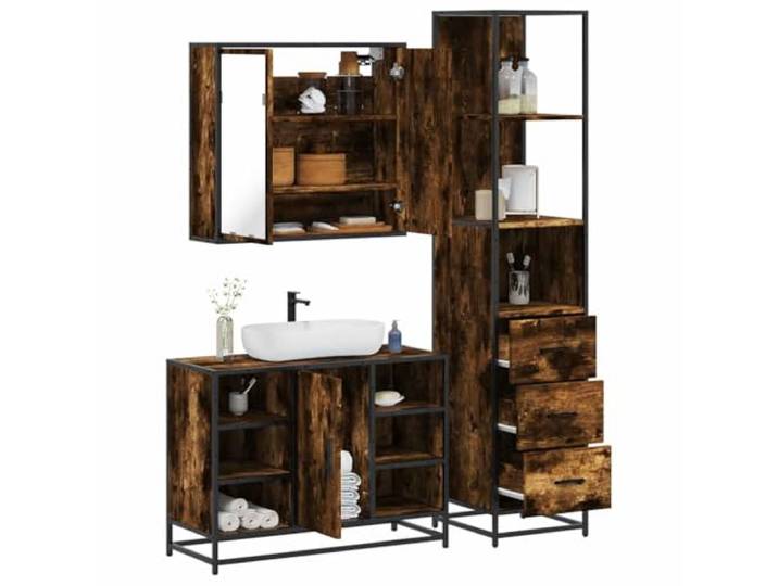 3-tlg. Badmöbel-Set Räuchereiche Holzwerkstoff mit Waschbeckenunterschrank 3-teilig, Räuchereiche, Holzwerkstoff, Metallgestell, wandmontierbar, feuchtigkeitsbeständig, Stauraum, Lowboard