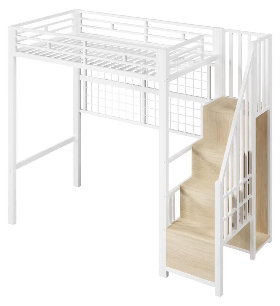 Hochbett für Kinder - Metallrahmen - LED-Beleuchtung - Kleiderschrank mit Kleiderstange - Ablagefächer - 90 x 200 cm - Weiß