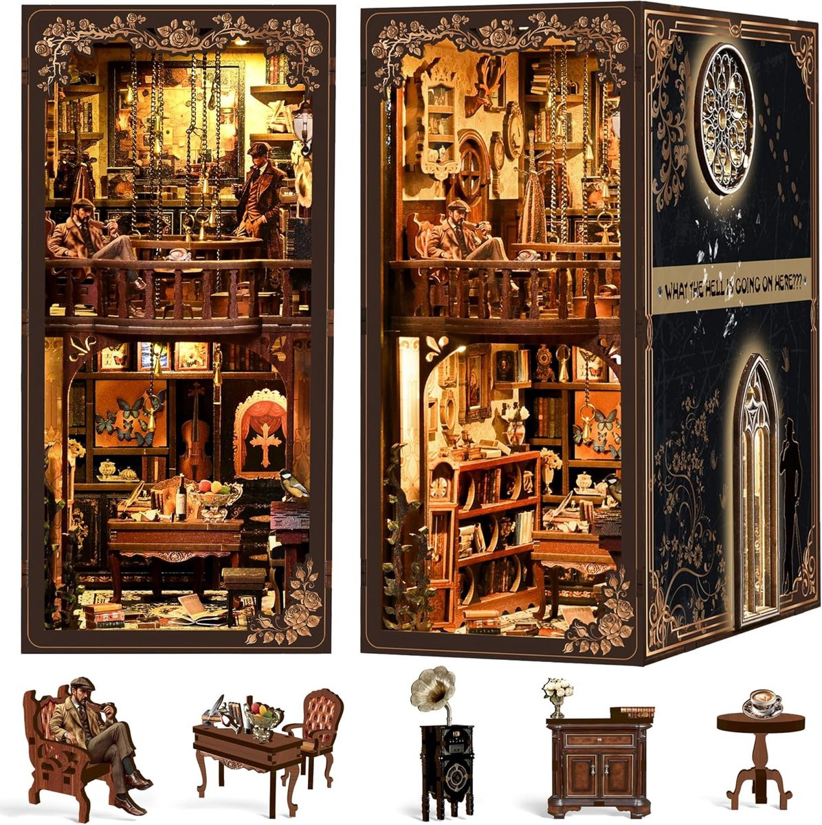 Houten Boekenplank Decoratie Miniatuur Huisje met LED Verlichting B/D/H: 19.5 x 6.1 x 27.2 cm