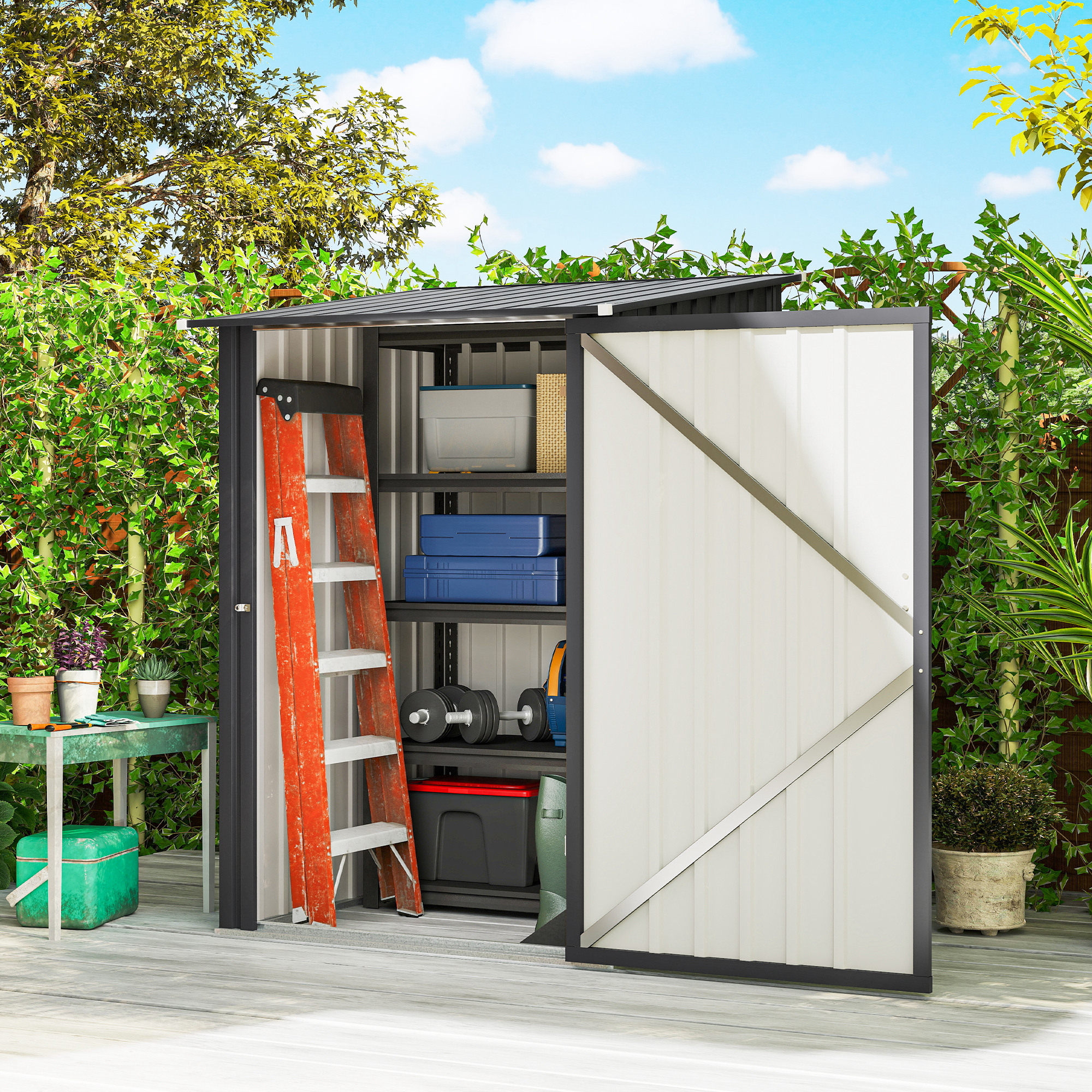 Outsunny Capanno da Giardino con Porta, Casetta Attrezzi Accanto a parete in Acciaio Galvanizzato, 100x104x160 cm, Grigio Scuro   Aosom Italy