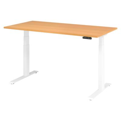 bümö elektrisch höhenverstellbarer Schreibtisch 160x80 cm in Buche, Gestell weiß mit Memory-Steuerung, elektrischer Bürotisch höhenverstellbar Gaming