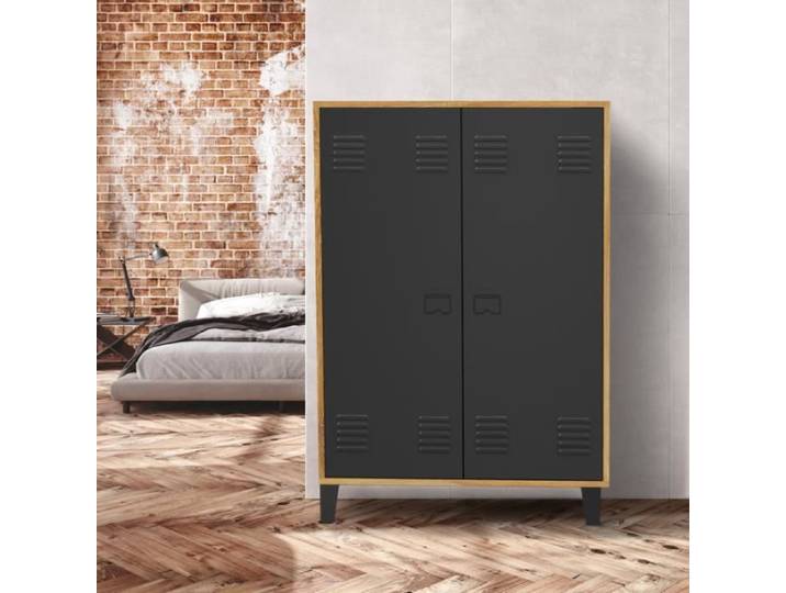 IDMARKET Armoire basse ESTER 2 portes métal noir et contour bois design industriel