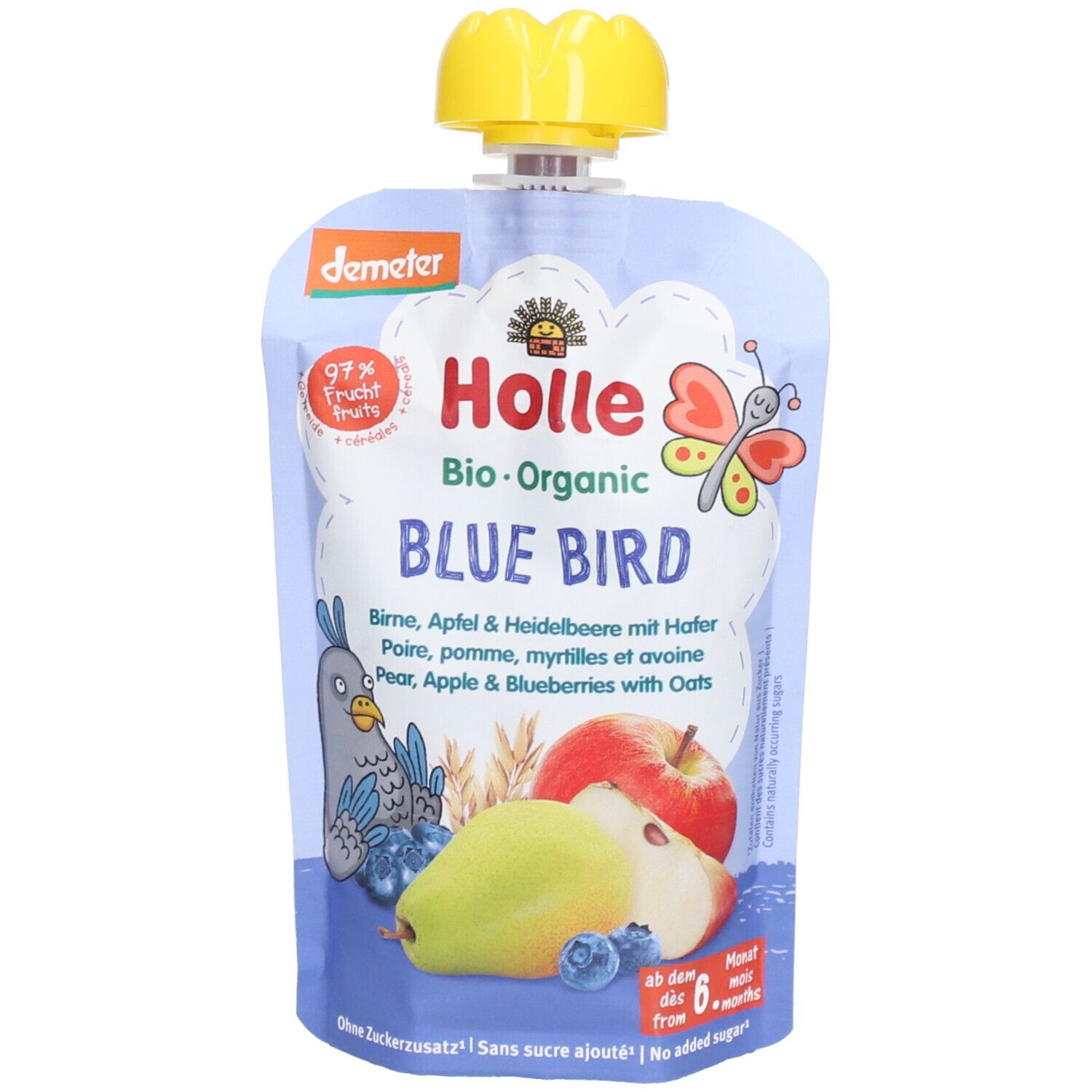 Holle Blue Bird Pouchy Birn Apf Heidel Hafer 100 g Bio Brei
