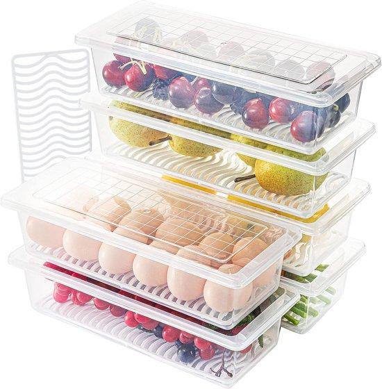 Unyqoos Set van 6 Vershoudboxen met afdruipplaat, Transparant, Stapelbaar, BPA-vrij kunststof, Koelkastorganizer