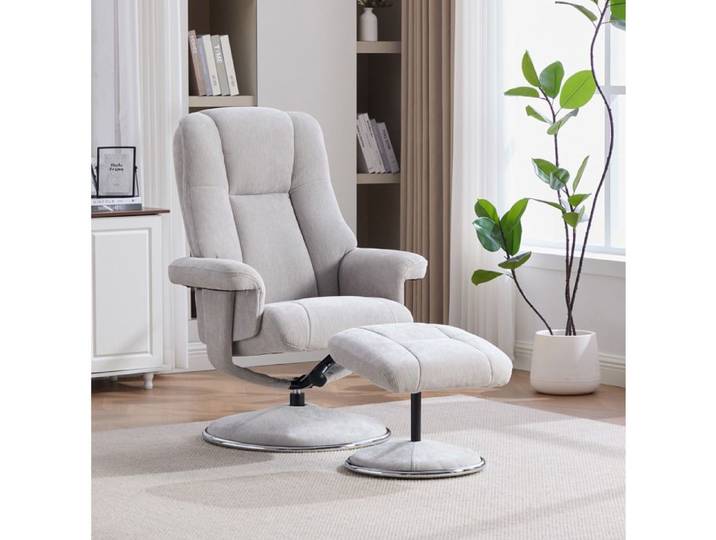 Fauteuil relax pivotant avec pouf en chenille gris dossier inclinable 145° base métal
