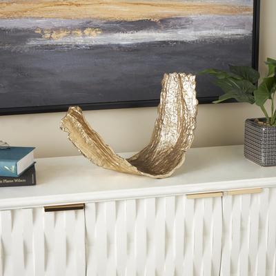 ARCILLA ELEMENTAL Gold Aluminum Metal Abstract Textured Folded Leaf Large Decorative Bowl
