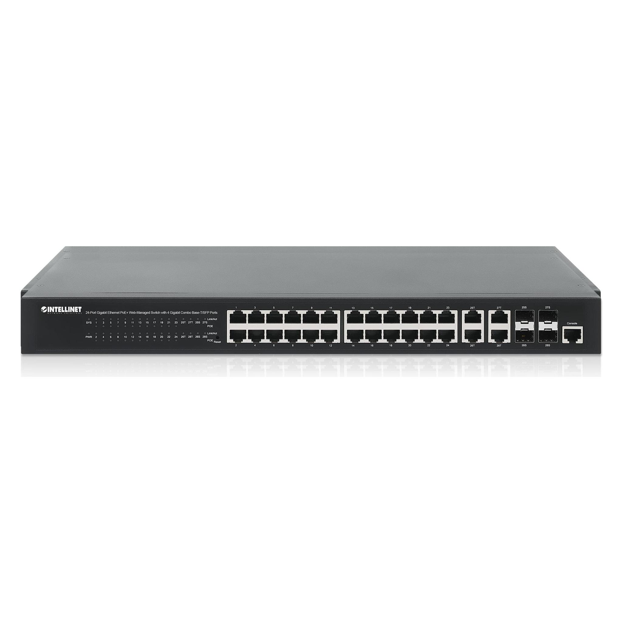 Intellinet 24-Port Gigabit Ethernet PoE+ Web-Managed Switch mit 4 Gigabit Kombo-Base-T/SFP-Ports (24 Ports) (561426)