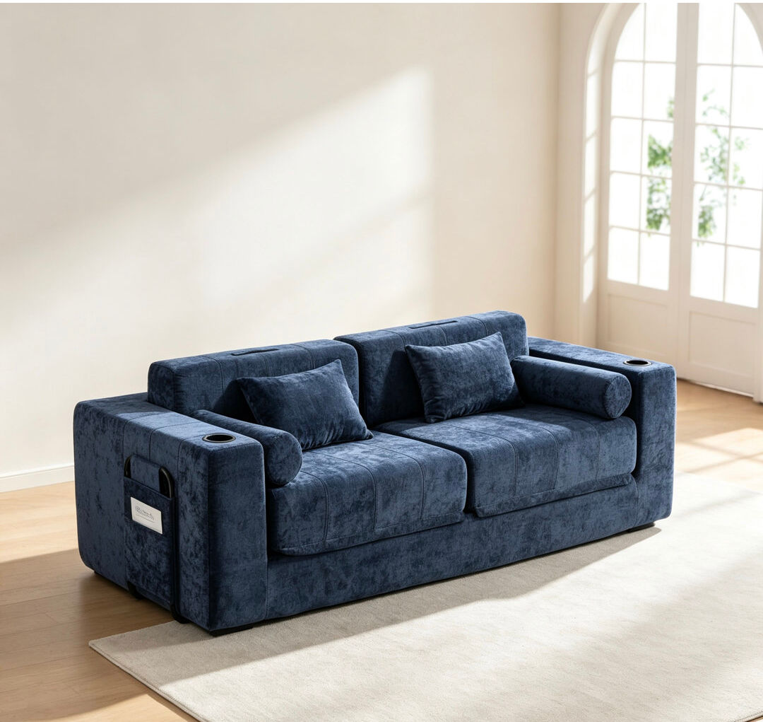 Brayden Studio 3 Seater Chenille Sofa Blue/Blue Chenille 76cm H X 224cm W X 96.5cm D
