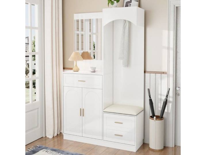 Armoire Entrée Moderne 110x33x185.5Cm Rangement Compact Chaussures Miroir Placard Etagère Multifonction Combinaison Meuble Blanc