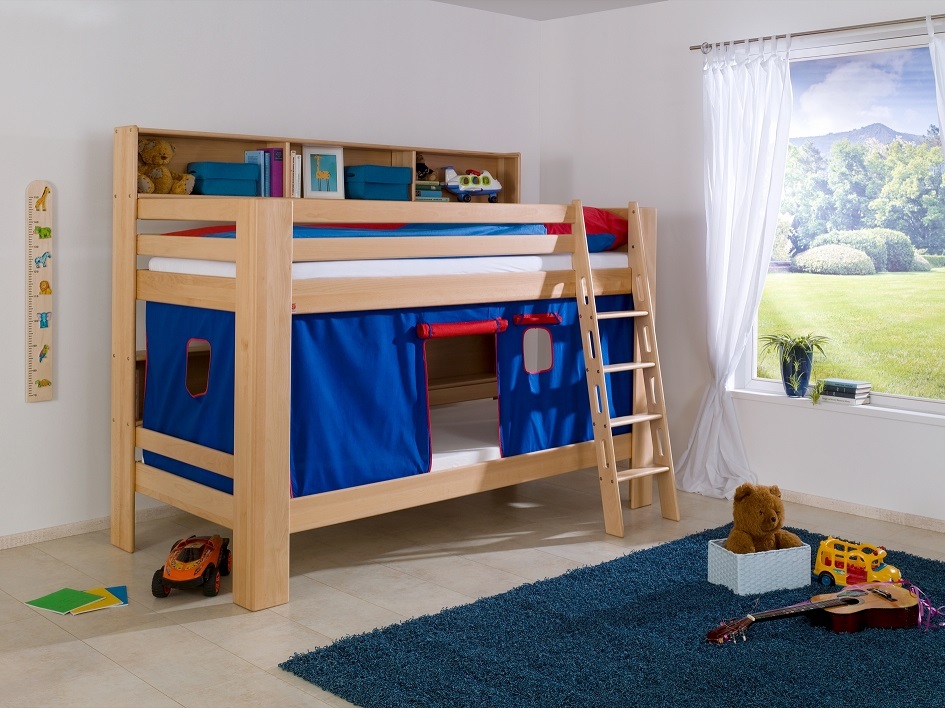 Etagenbett Jan Buche Natur lackiert mit Bücherregal 90x200 cm