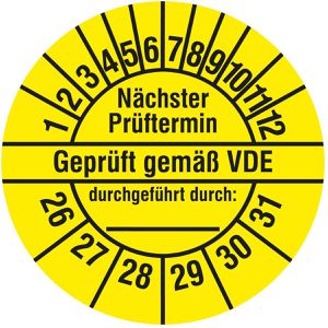 Böttcher-AG Prüfplaketten Nächste Prüftermin geprüft gem. VDE, 2026-2031, gelb, Ø 20 mm, 1.000 Stück