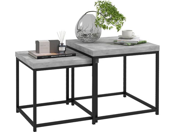 HOMCOM Lot de 2 tables gigognes tables basses carrées tables de salon cadre en acier et plateaux en bois gris