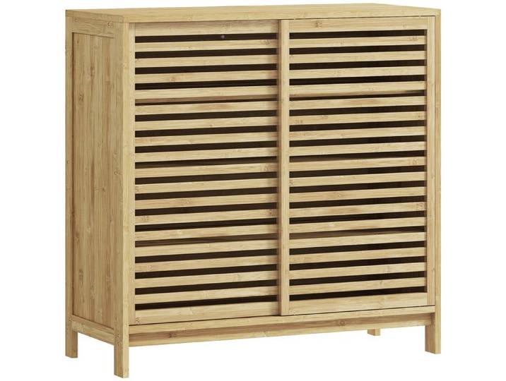 YWJ Armoire Salle Bain Bambou 2 Portes Coulissantes 4 Étagères 80x34x80cm Naturel Lames