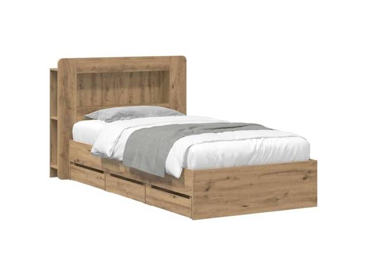 PUGYNBK Bettgestell mit Stauraum und Kopfteil Eiche Artisan Lattenrost, Schubladen auf Rollen, Robustes Holz, modernes Design, einfache Reinigung