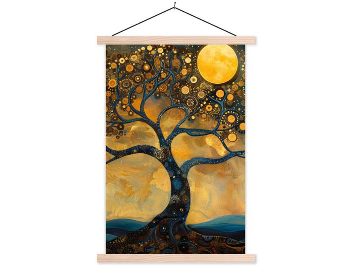 MuchoWow Poster MIT Magnetleisten - Baum - Mond - Blumen - Gold - Kunst - 60x90 cm, Orange, Textil, Rechteckig, 60x90x0.15 cm, Bilder & Rahmen, Bilder, Wandbilder